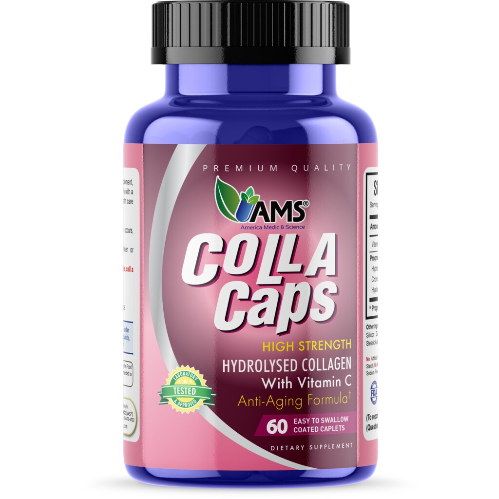 AMS Colla Caps Hydrolyzed Collagen Supplement, Anti-Aging Caplets With Collagen & Vitamin C, Pack of 60's
