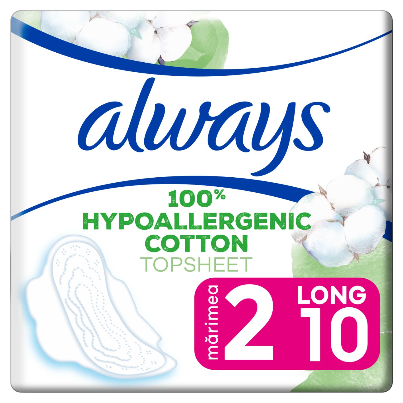 Product Image for Always Pure Cotton Protection, Ultra Thin, Long Sanitary Pads with Wings, with 100% Hypoallergenic Cotton Top Sheet, 10 count