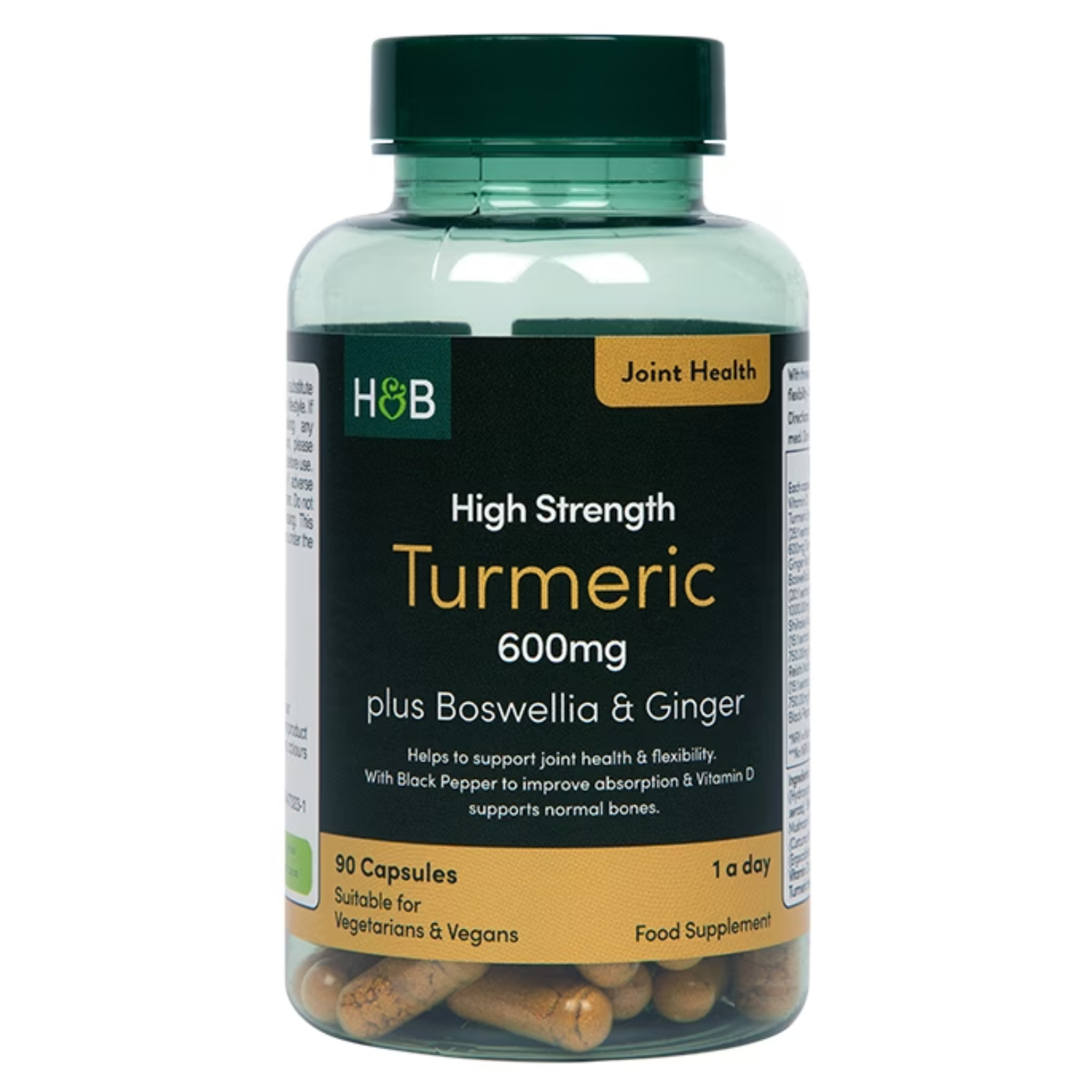 Back Image for Holland & Barrett High Strength Turmeric 600mg plus Boswellia & Ginger Capsules 90's