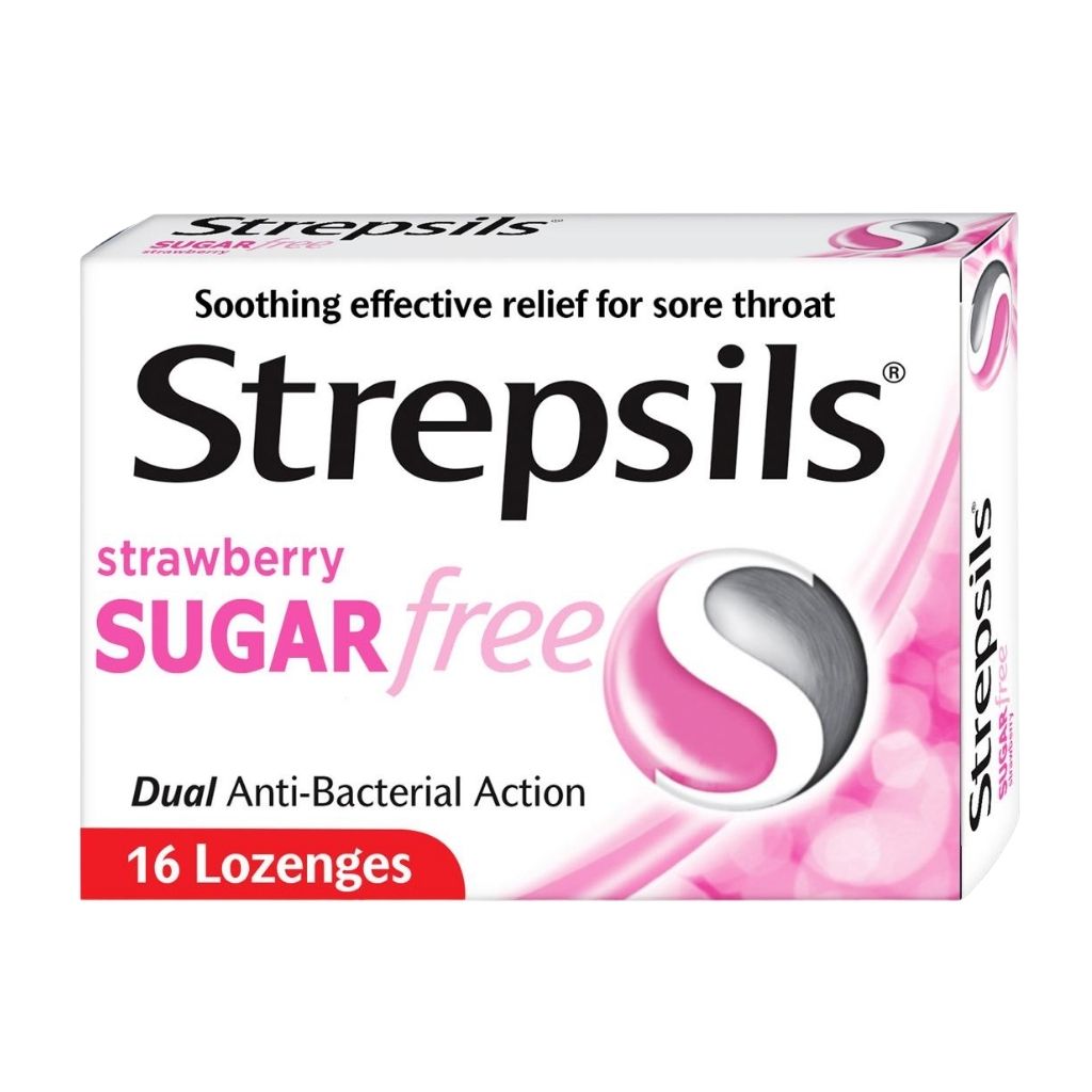 Strepsils Strawberry Sugar Free, Soothing Effective Relief for Sore Throats, 16 Lozenges