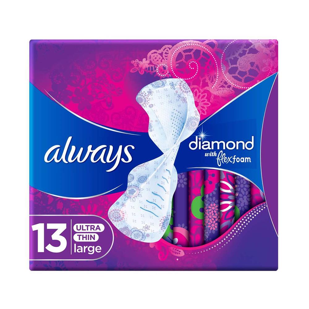 Back Image for Always Diamond FlexFoam Large Sanitary Pads with Wings 13 Count