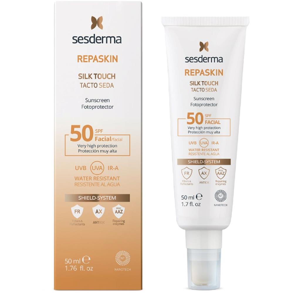 <p> Repaskin Silk Touch SPF 50 UVA / UVB / IR بلمسة حريرية وملمس غير كوميدوغينيك ، يحمي البشرة من خلال مرشحاته الكيميائية ويترك ملمسًا مخمليًا. </ p>
